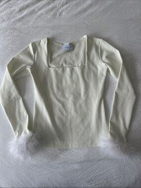 Sleeper Cream Square-Neck Knit Top with Removable Feathered Cuffs